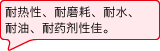 耐热性、耐磨耗、耐水、耐油、耐药剂性佳。